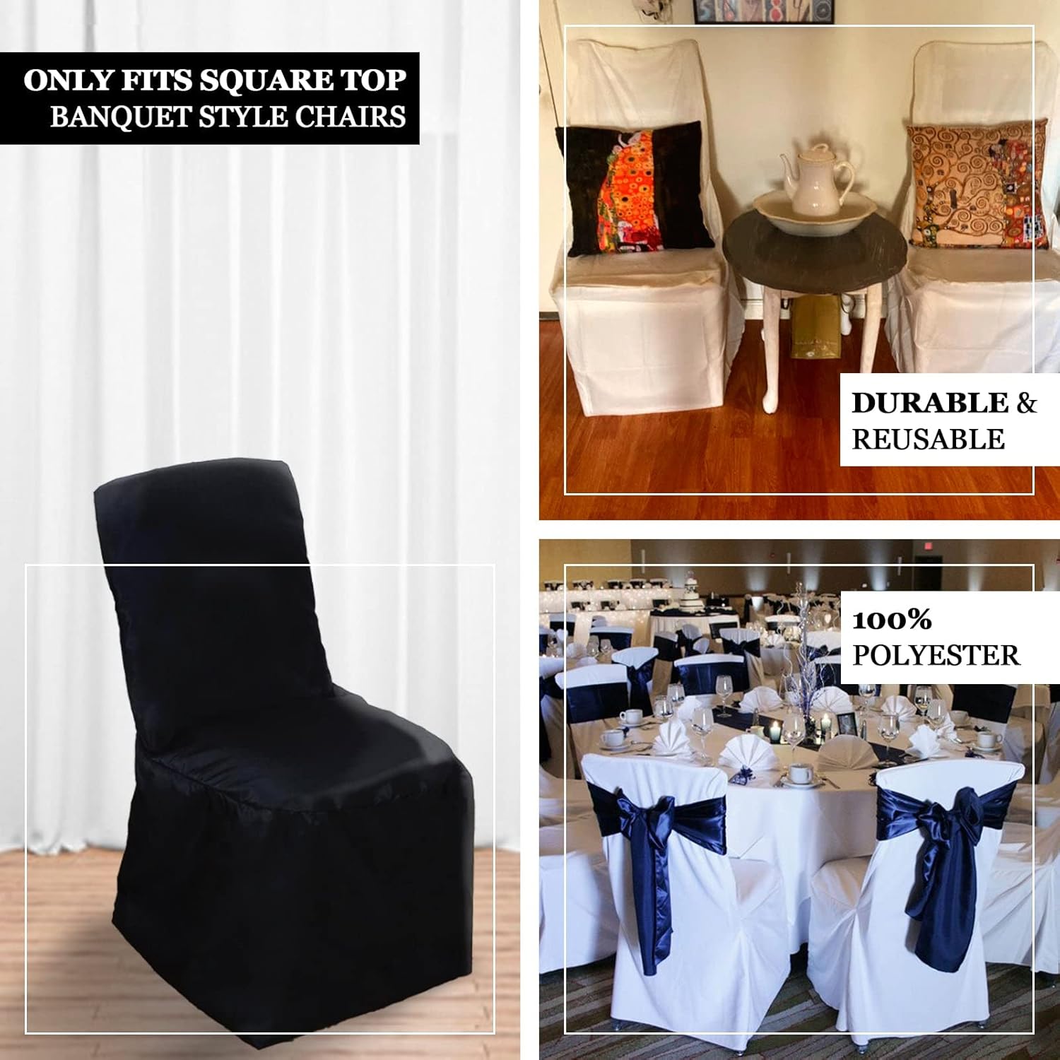 Efavormart – Fundas para sillas de banquetes de poliéster negro, reutilizables o 1 funda para silla de uso