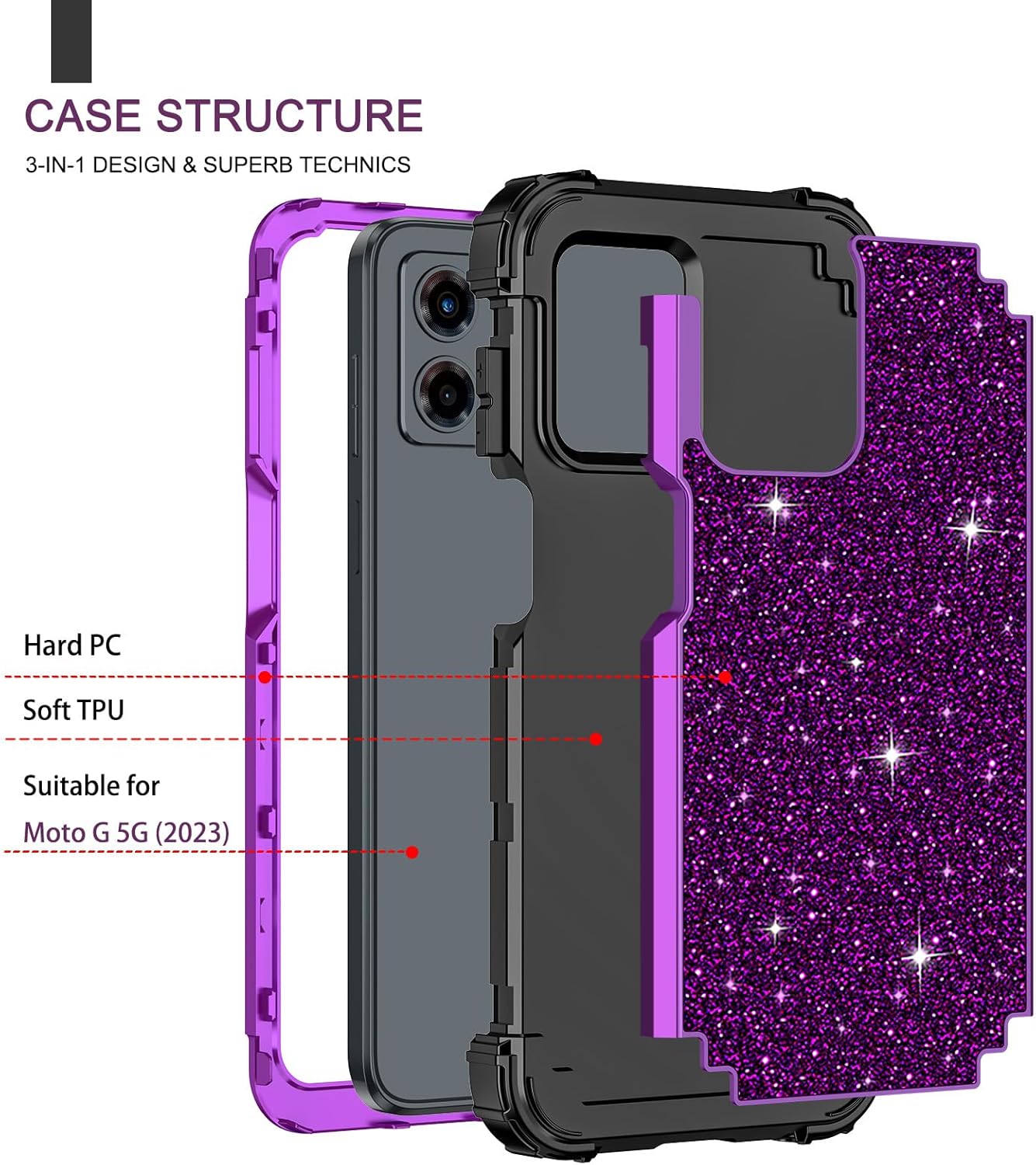 LONTECT Funda para Moto G 5G 2023 con purpurina brillante 3 en 1, a prueba de golpes, resistente, híbrida, resistente, funda protectora resistente