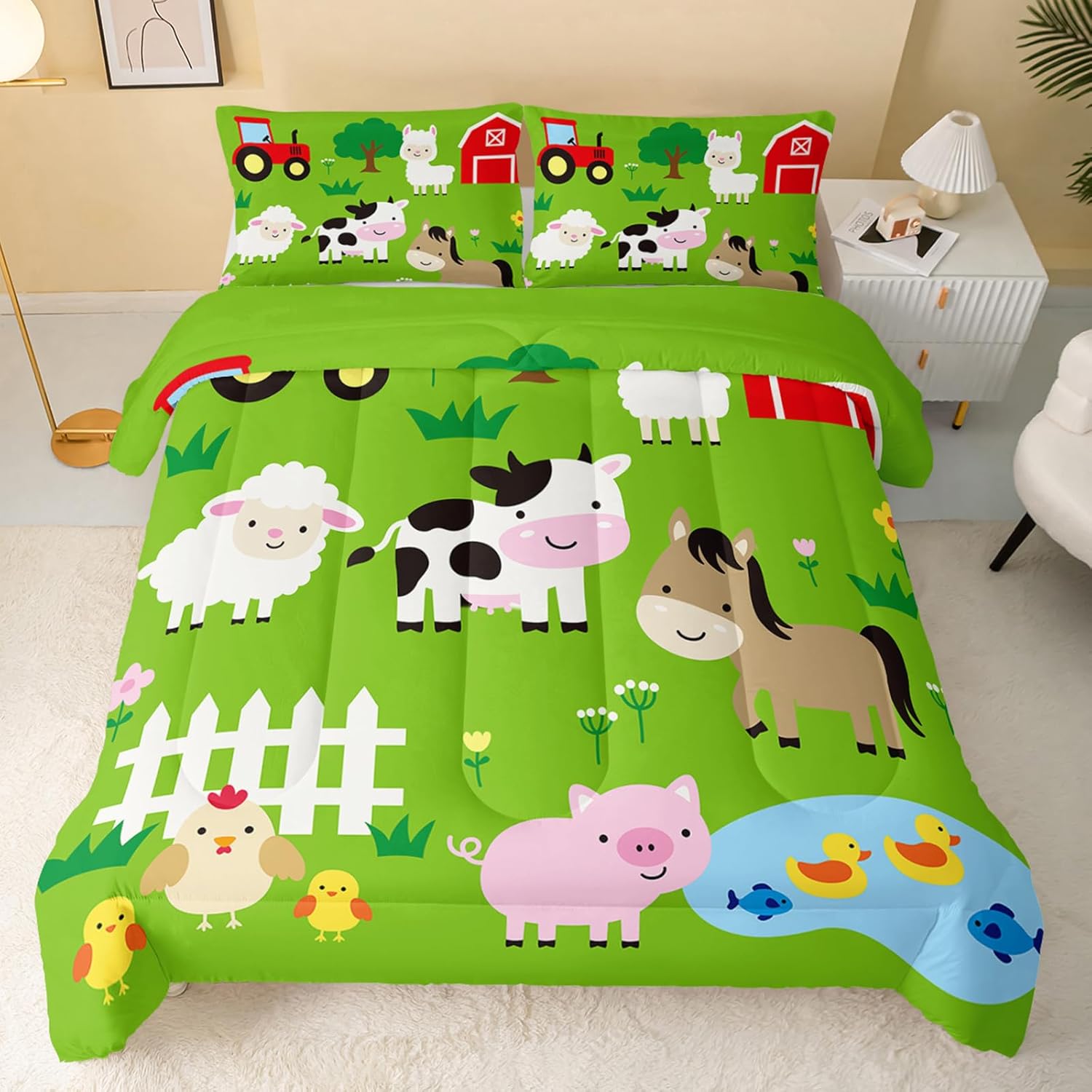 Edredón de animales de granja, juego de edredón de oveja, vaca, cerdo, para niños, adolescentes, niñas, niños, juego de ropa de cama de 3 piezas