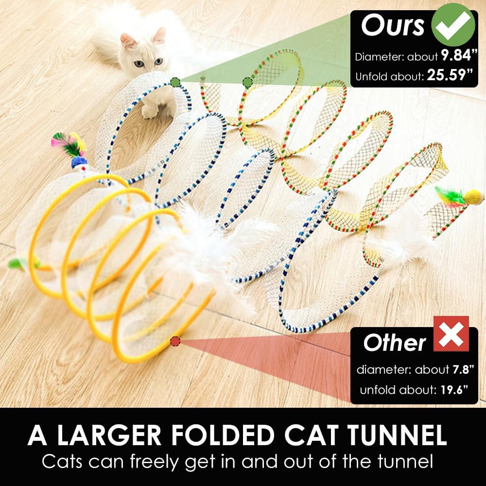 Túneles plegados para gatos de interior, 2 piezas de túnel de tubo plegable grande para gatos con juguetes de ratón de plumas, túnel de juego de
