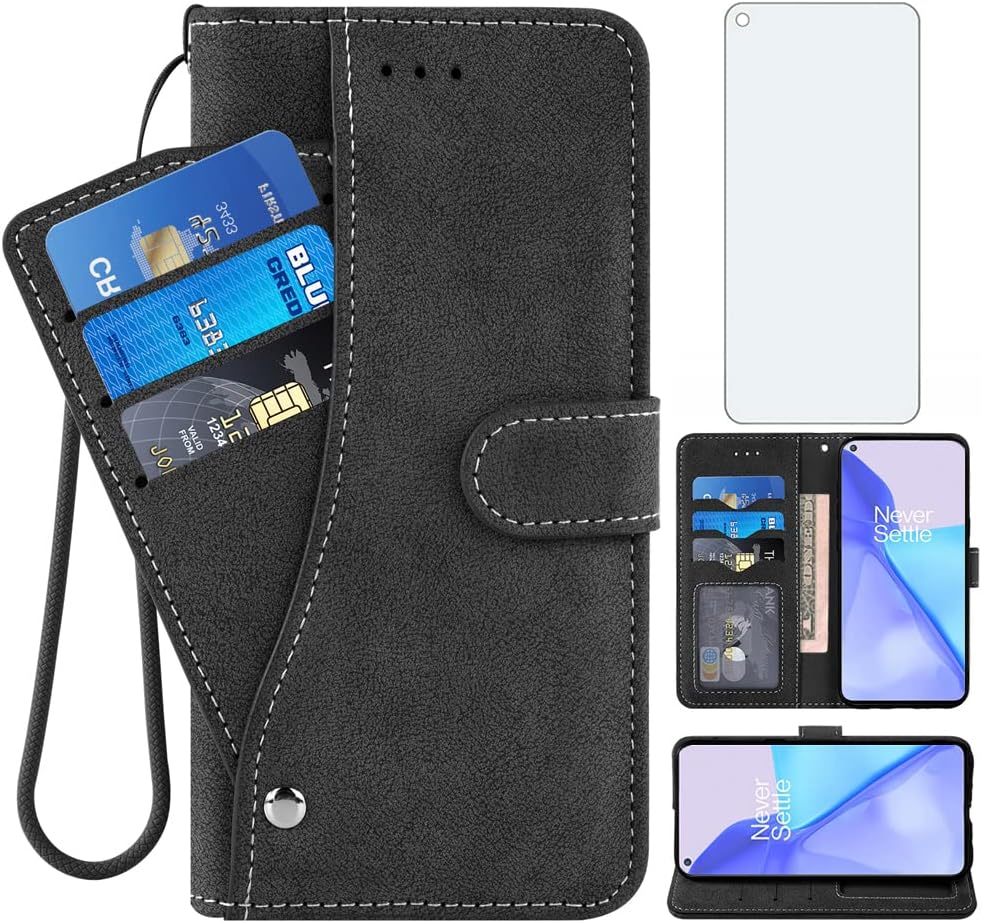 Asuwish Compatible con OnePlus 9 OnePlus9 5G Funda tipo cartera y protector de pantalla de vidrio templado con tapa para tarjeta de crédito, soporte