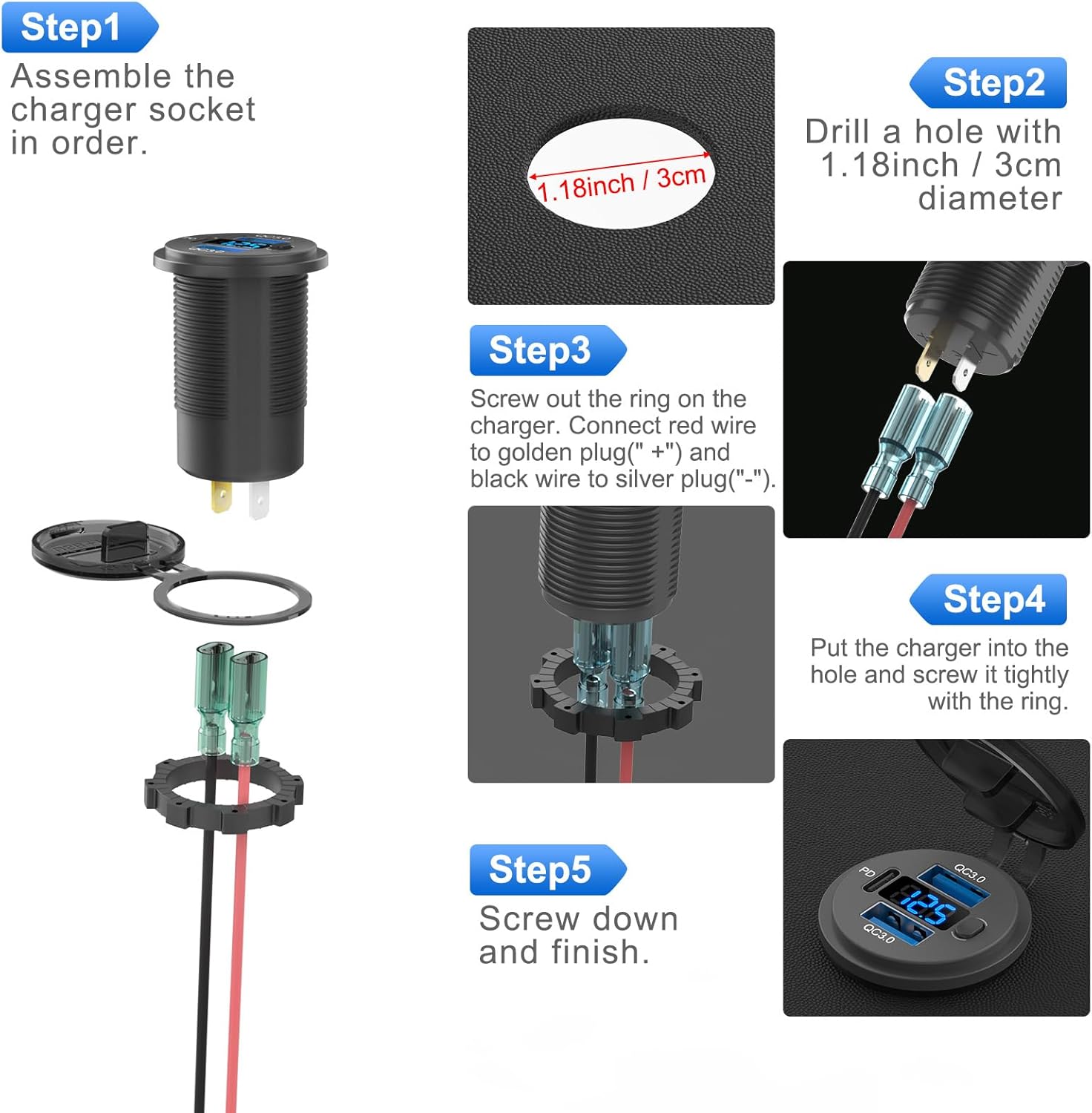 Toma de corriente USB de 12 voltios de carga rápida dual 3.0 puerto y PD3.0 USB C cargador de batería de coche, toma de corriente impermeable de 12