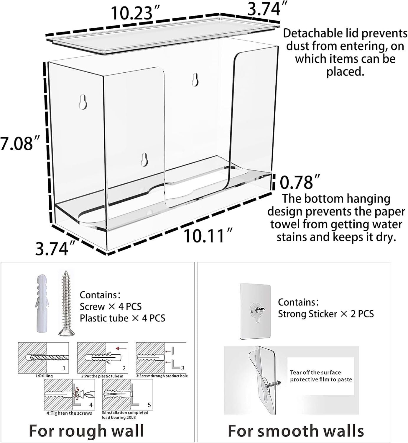 Dispensador de toallas de papel de montaje en pared con tapa, soporte de toalla de papel multipliegue transparente para encimera para cocina, baño,
