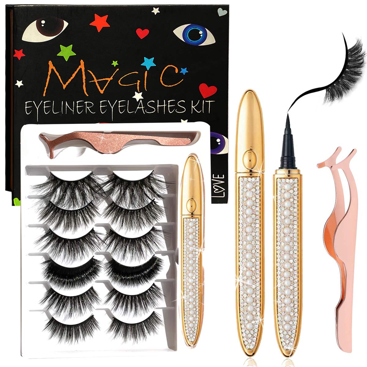Kit de pestañas mágicas y delineador de ojos, sin pegamento, juego de pestañas no magnéticas, pestañas de visón reutilizables 6 pares de 6 estilos