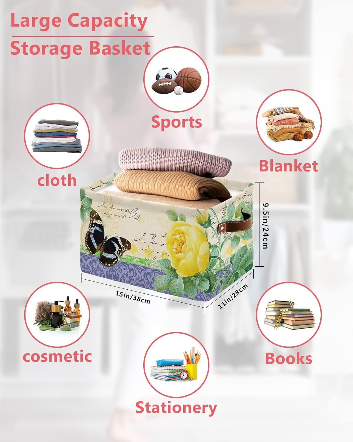 Yellow Flower Storage Basket for Organizing Shelves, Collapsible Storage Bins Boxes with Handle, Purple Retro Botanical Butterfly Modern Abstract
