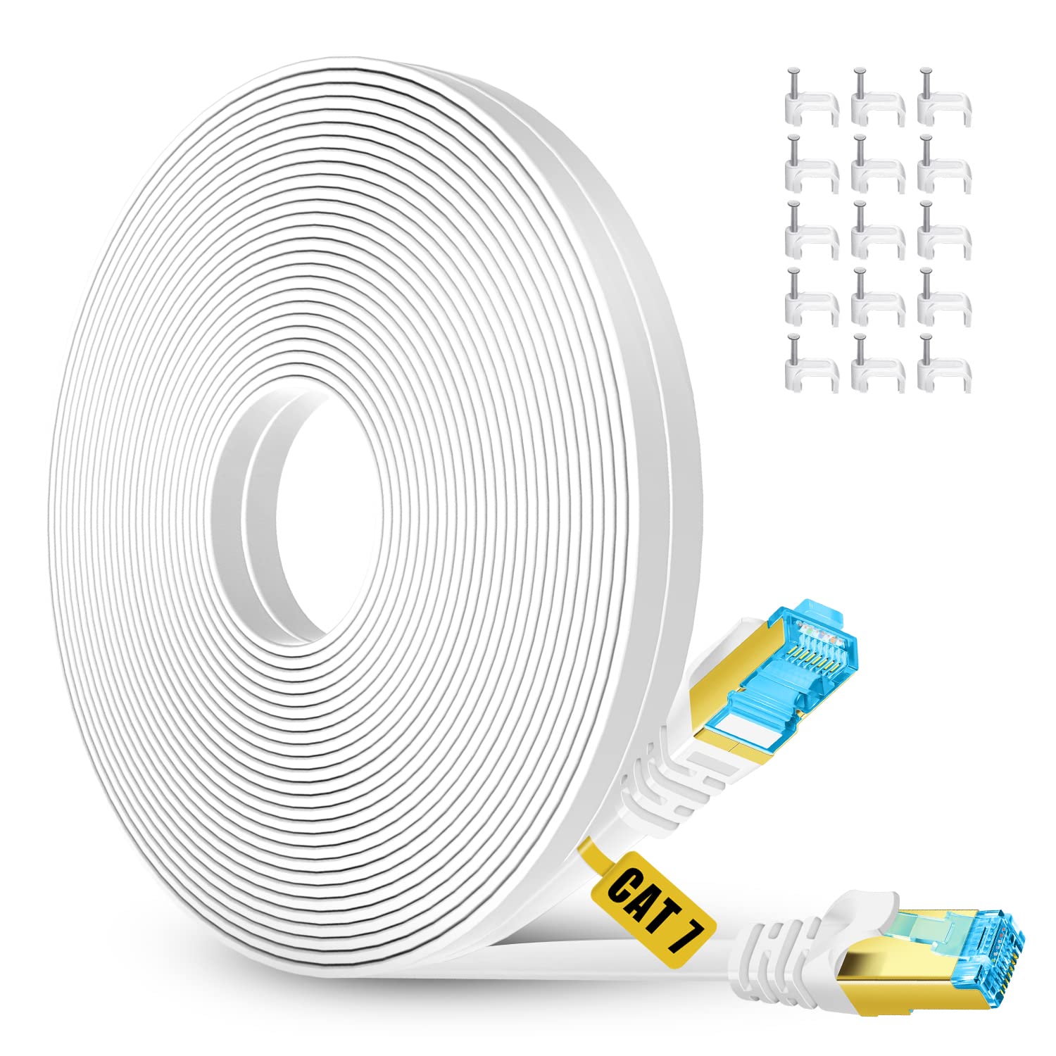 Cable Ethernet Cat 7 de 50 pies, color blanco, cable de conexión de red de Internet plano sólido blindado, más rápido que Cat5ecat6, cable LAN RJ45