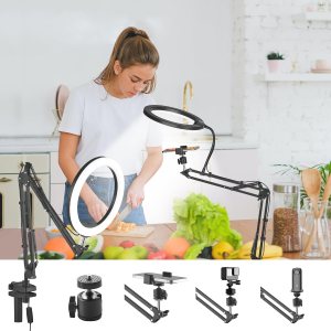 Soporte de teléfono para grabación de video, anillo de luz de escritorio de 10 pulgadas para computadora con soporte de cámara superior, soporte de Soporte de teléfono para grabación de video, anillo de luz de escritorio de 10 pulgadas para computadora con soporte de cámara superior, soporte de