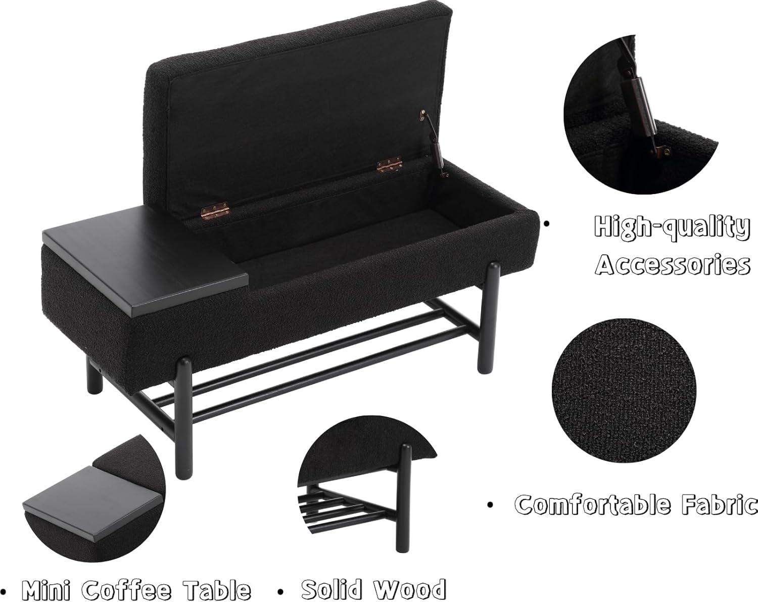 CIMOTA Banco de almacenamiento de entrada para dormitorio, banco otomano tapizado de sherpa con almacenamiento de zapatos de madera, mesa de centro