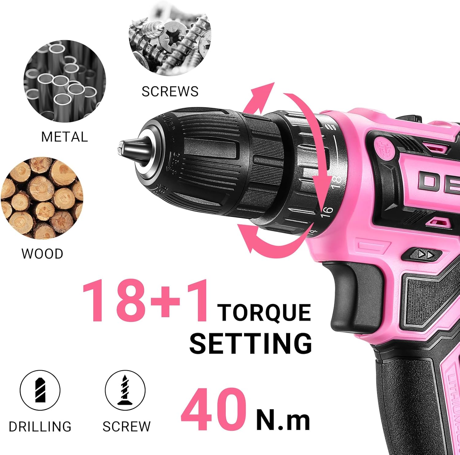 Taladro eléctrico inalámbrico DEKO PRO – Taladro inalámbrico rosa de 20 V, herramienta para mujeres, taladros inalámbricos con batería y cargador,