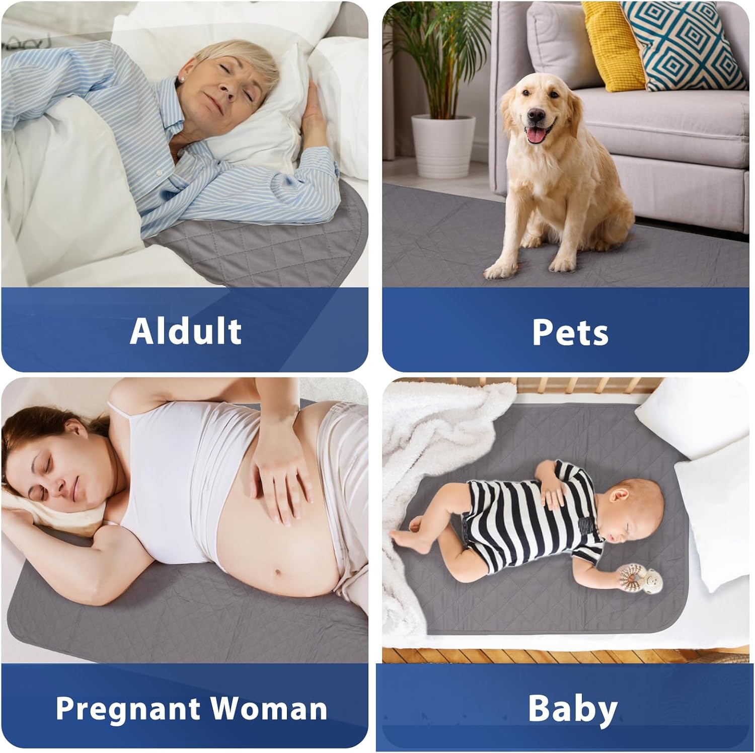 Almohadillas impermeables para cama de 24 x 36 pulgadas (paquete de 4), almohadillas de incontinencia para cama, almohadillas de cama lavables,