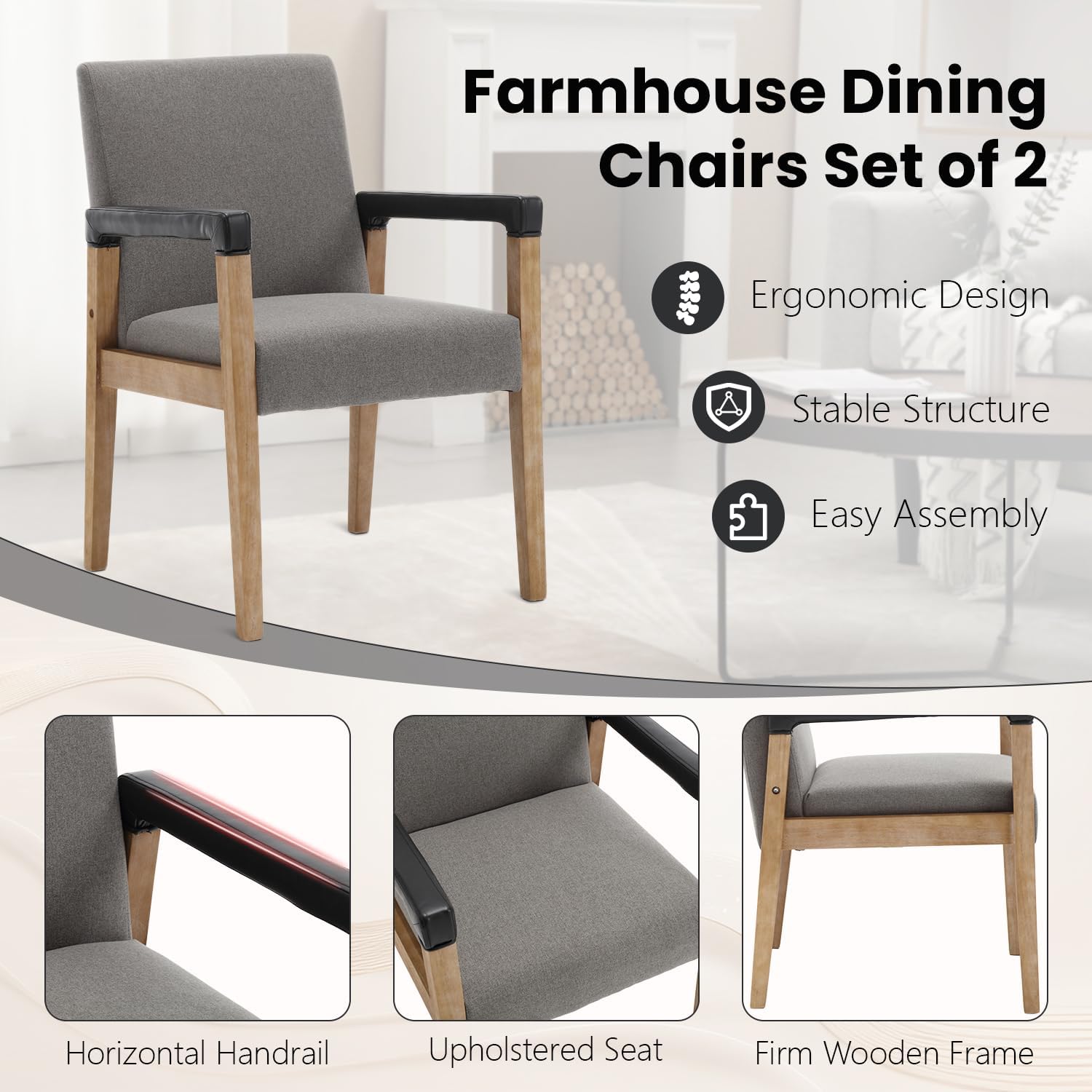 Kmax Sillas de comedor modernas, sillas de cocina de tela de lino, sillas tapizadas, juego de 2 con patas de madera para comedor, sala de estar,