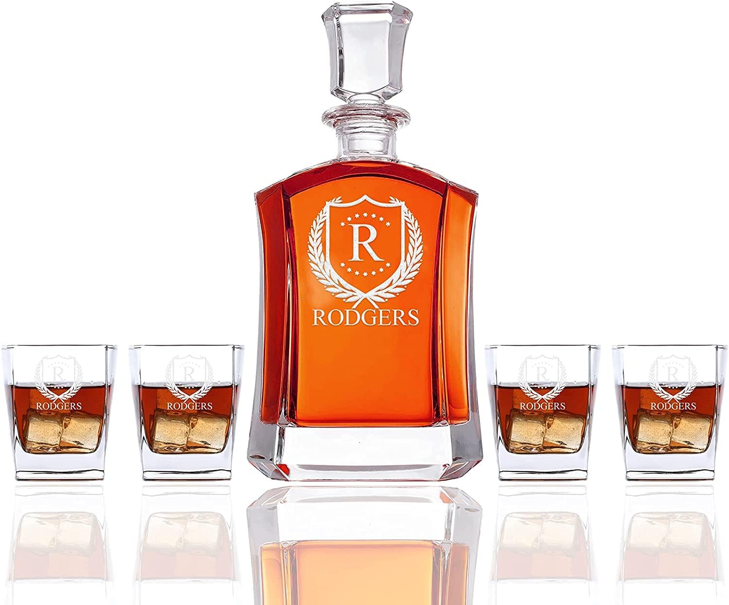 Juego de decantador de whisky de 5 piezas con forma personalizada, decantador y juego de regalo de 4 vasos, grabado personalizado (diseño ShieldStar)