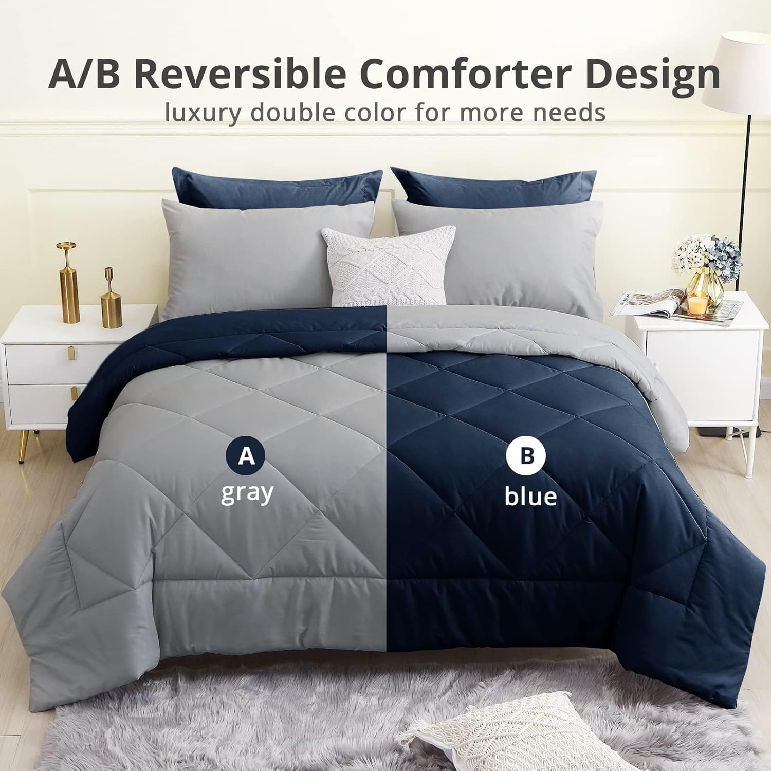 HEVUMYI Juego de edredón de tamaño matrimonial de 7 piezas, juego de edredón reversible para todas las estaciones, juegos de ropa de cama ultra