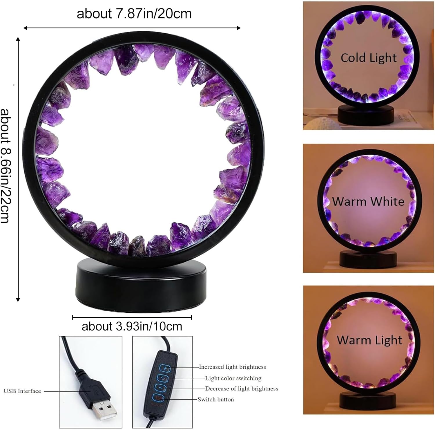 Runyansghi – Lámpara de noche de amatista de 8.6 pulgadas, cristal curativo natural, puerto USB, 3 colores, modo de atenuación, lámpara de noche