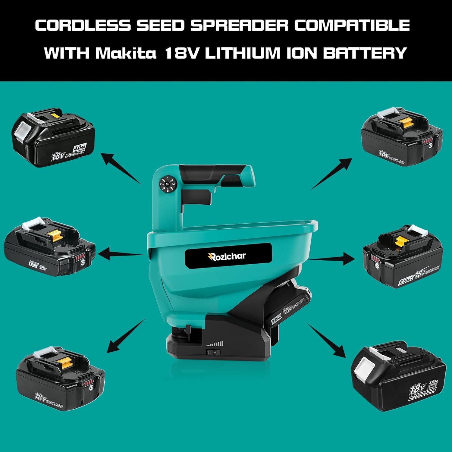 Rozlchar Esparcidor eléctrico para batería Makita de 18 V, esparcidor de semillas para todo el año, cubre hasta 5,000 pies cuadrados. (solo