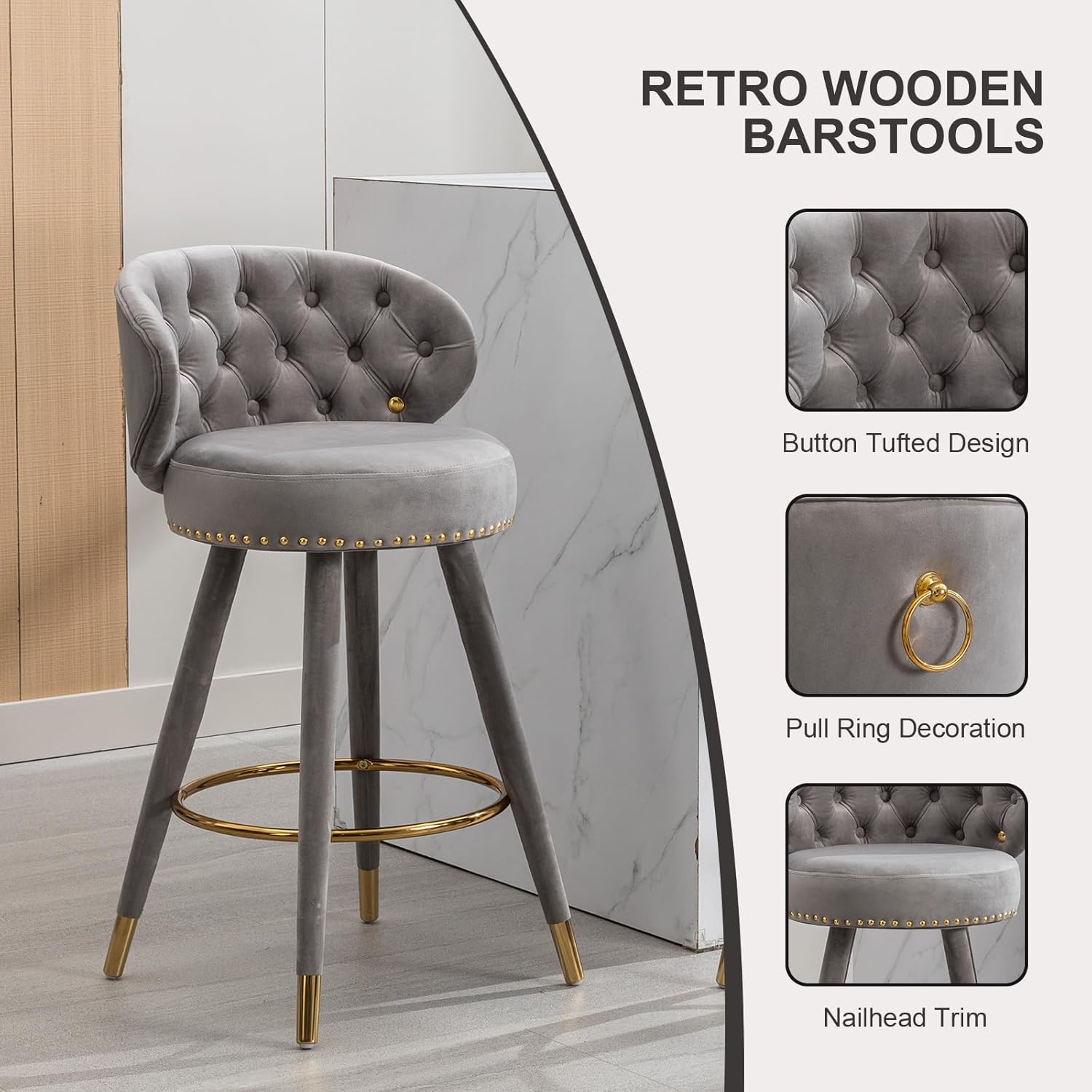 Sudwesto Juego de 2 taburetes de bar de terciopelo, taburetes de bar de altura de mostrador, taburetes de bar de madera retro con respaldo y