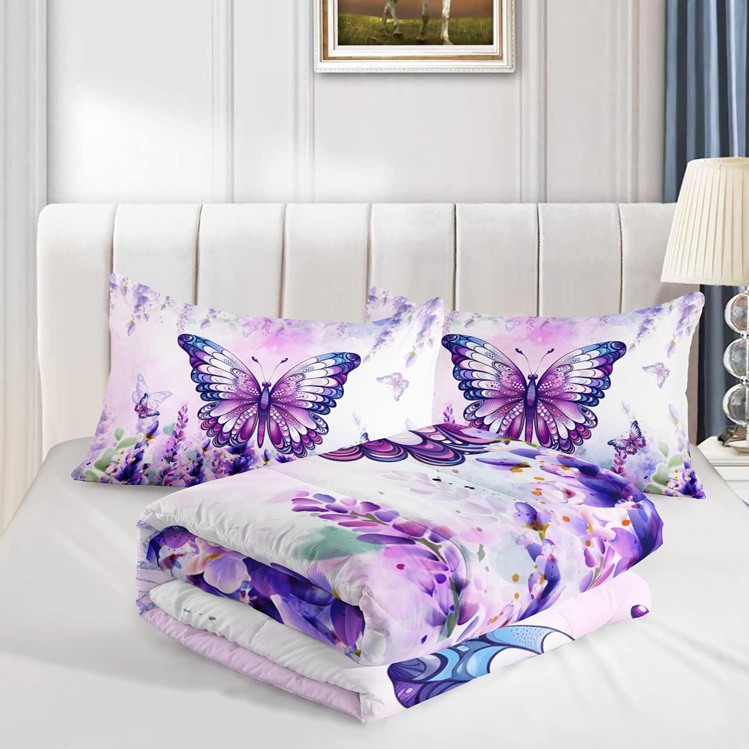 CVHOUSE Hermoso juego de edredón de mariposa, tamaño Queen, juego de ropa de cama con flores de lavanda floreciente y mariposa voladora, juego de