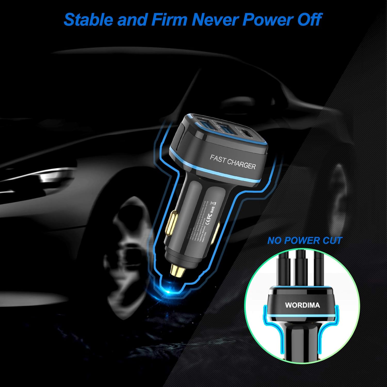 Cargador de coche USB C, cargador rápido WORDIMA de 85 W, 3 puertos, adaptador para encendedor de cigarrillos, compatible con iPhone 15, 14, 13, 12