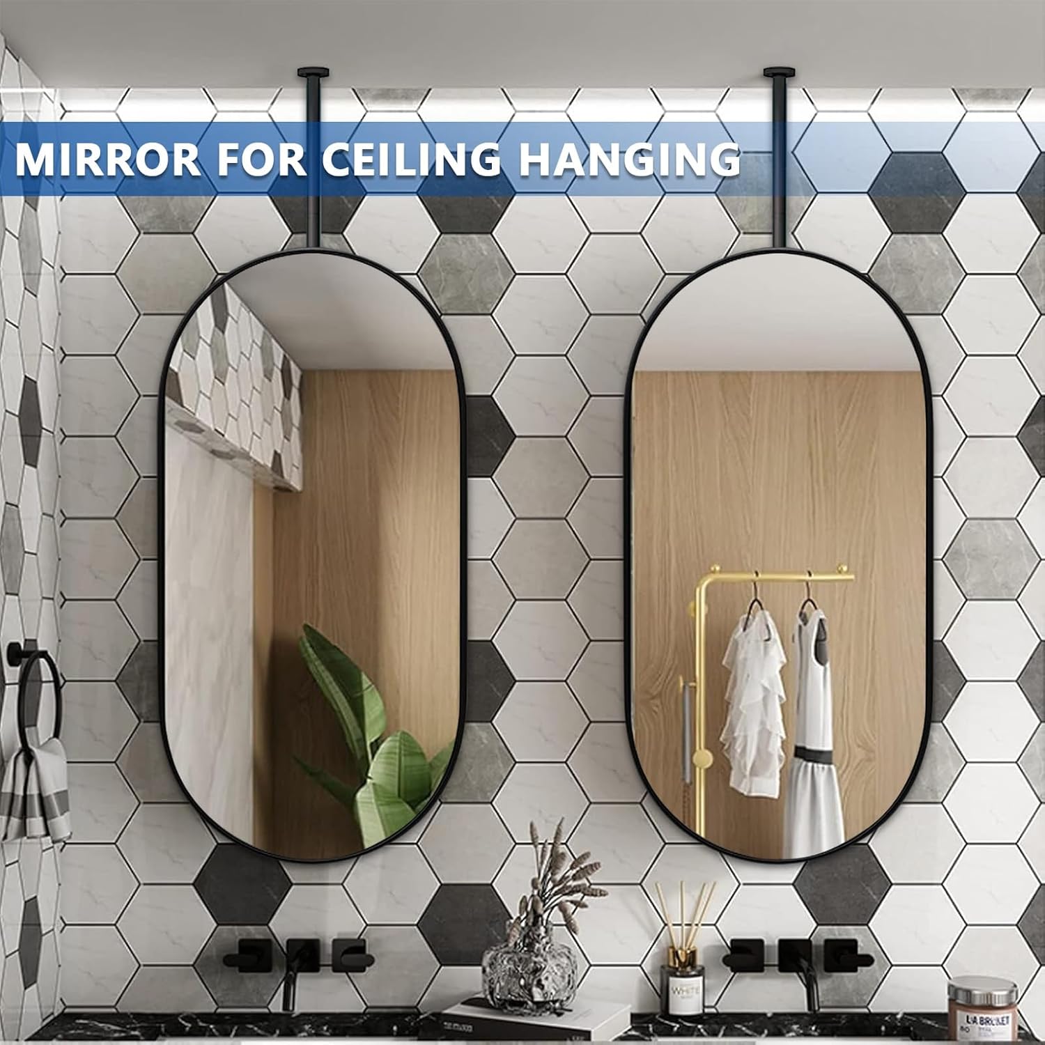 Espejo ovalado para colgar en el techo, espejo de baño negro para montar en la pared con barra para colgar en el techo, espejos de maquillaje con