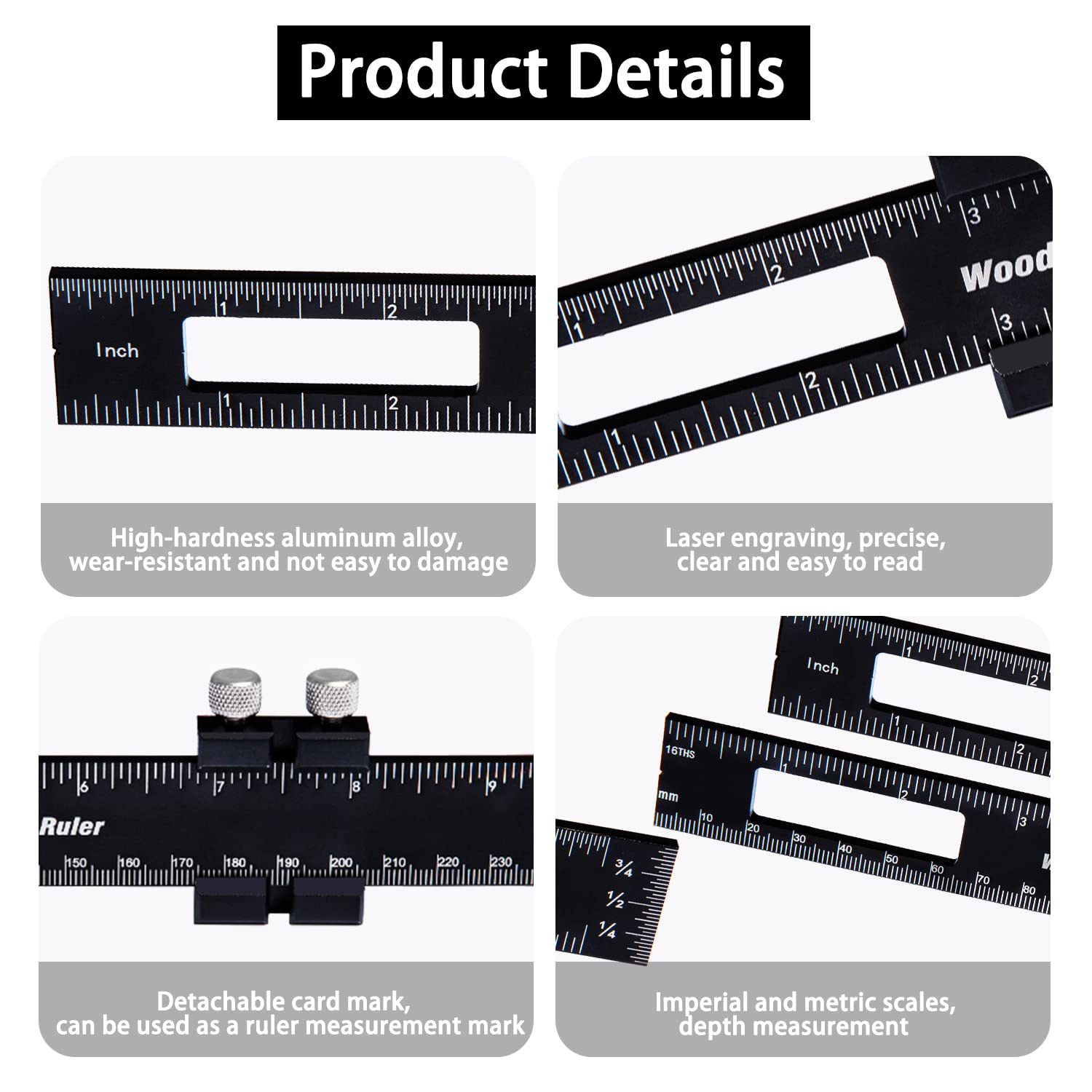 Regla de bolsillo de 8 pulgadas, regla de metal negro de precisión flexible, regla profesional para carpintería, herramienta de dibujo de borde