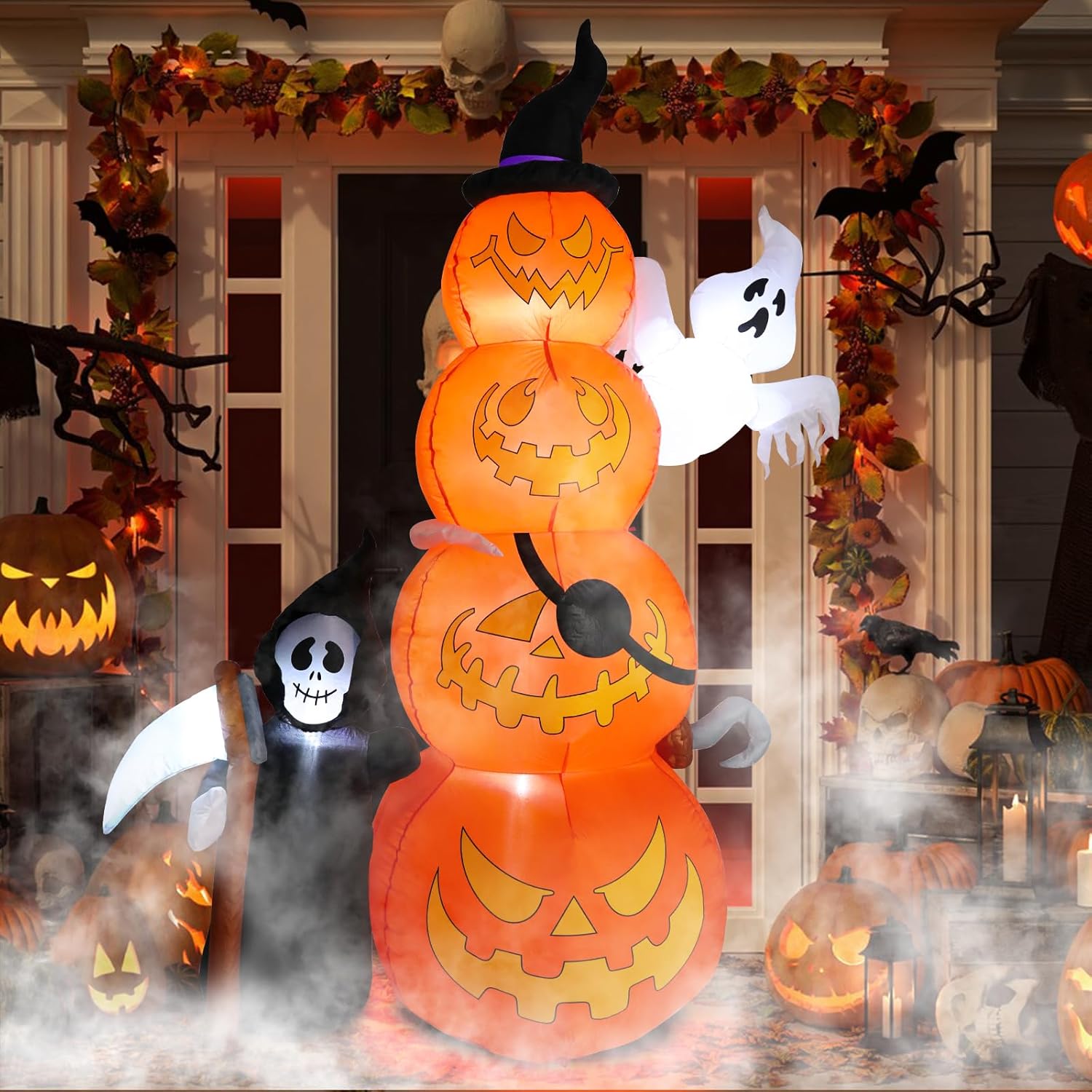 Decoraciones inflables de Halloween de 8.5 pies de alto para exteriores, calabazas inflables gigantes con fantasma y parca inflable de Halloween con