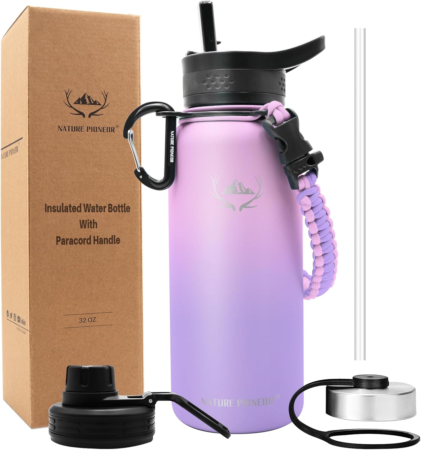NATURE PIONEOR Botellas de agua aisladas con mango de paracaídas, 24324064 onzas, botella de agua deportiva de boca ancha con 3 tapas, de acero