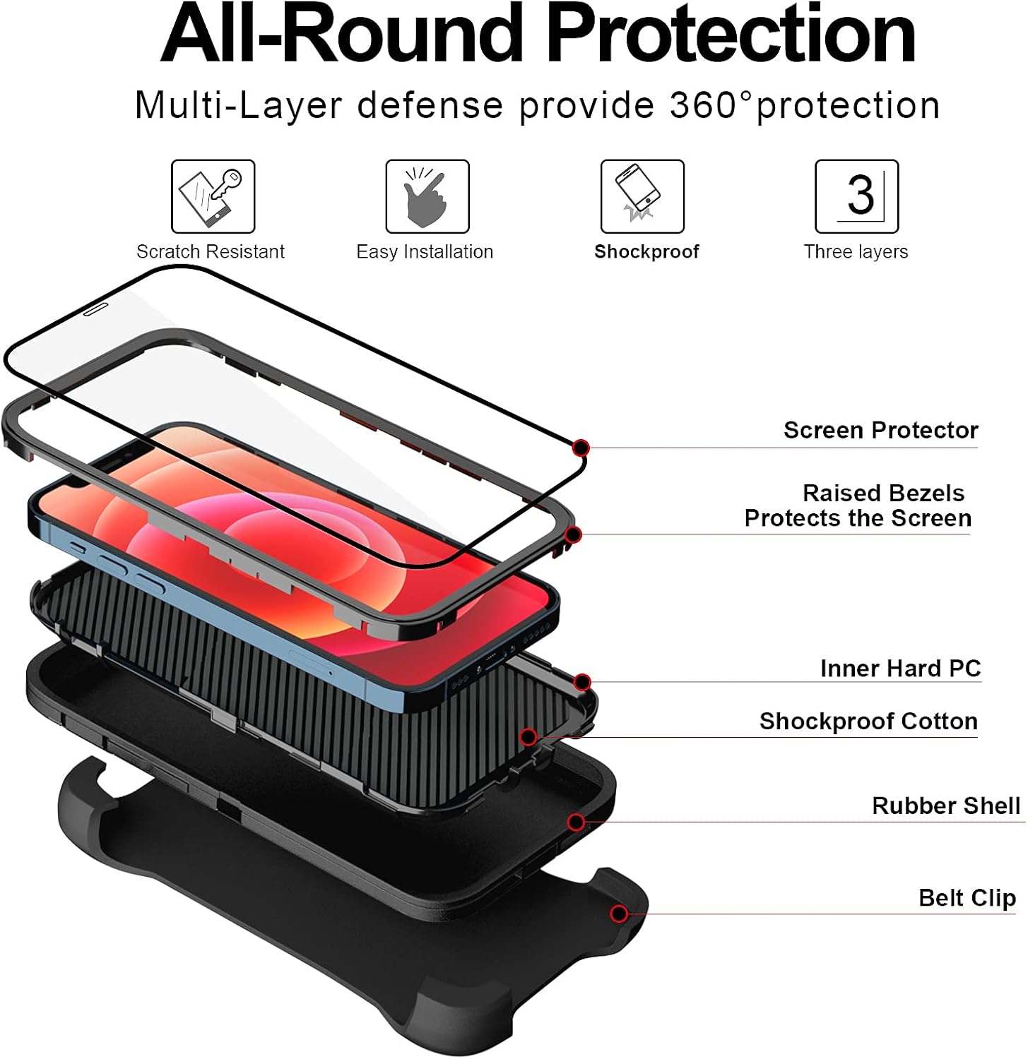 Funda para iPhone 12 con clip para cinturón y 2 protectores de pantalla, resistente de grado militar, funda de cuerpo completo (negro)