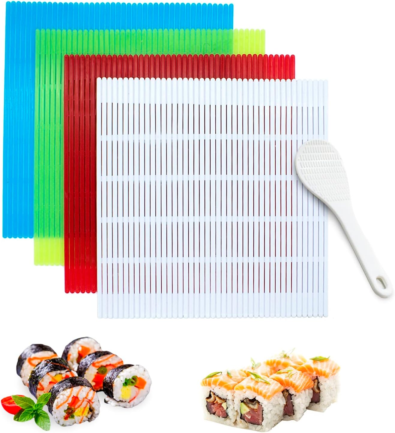 4 alfombrillas de plástico antiadherentes para sushi, kit de fabricación de rodillos de sushi hecho en casa con paleta de arroz, tapete de cocina de