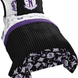 Wednesday Addams – Juego de edredón tamaño matrimonial, ropa de cama de 7 piezas, incluye juego de sábanas y fundas de almohada, ropa de cama súper Wednesday Addams – Juego de edredón tamaño matrimonial, ropa de cama de 7 piezas, incluye juego de sábanas y fundas de almohada, ropa de cama súper