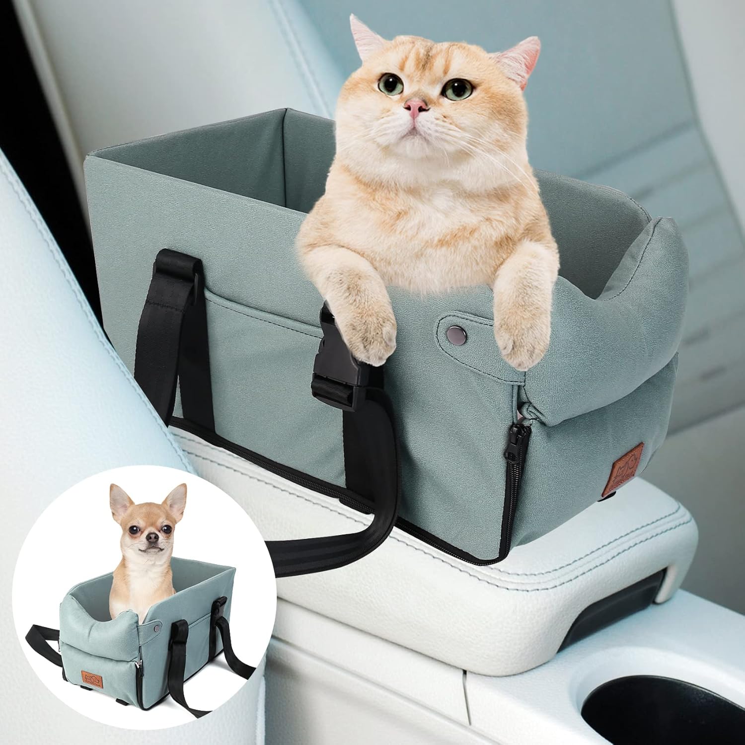 Asiento de auto para perro con consola 5 en 1, asientos elevadores para perros pequeños de hasta 12 libras, reposabrazos para mascotas, asiento