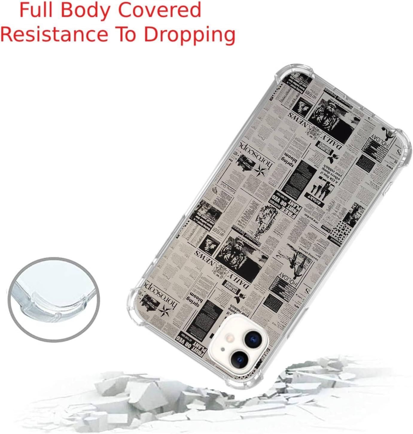 Funda de periódico estética clásica compatible con iPhone 1212 Pro, diseño de periódico retro, de silicona, a prueba de golpes, TPU antiarañazos,