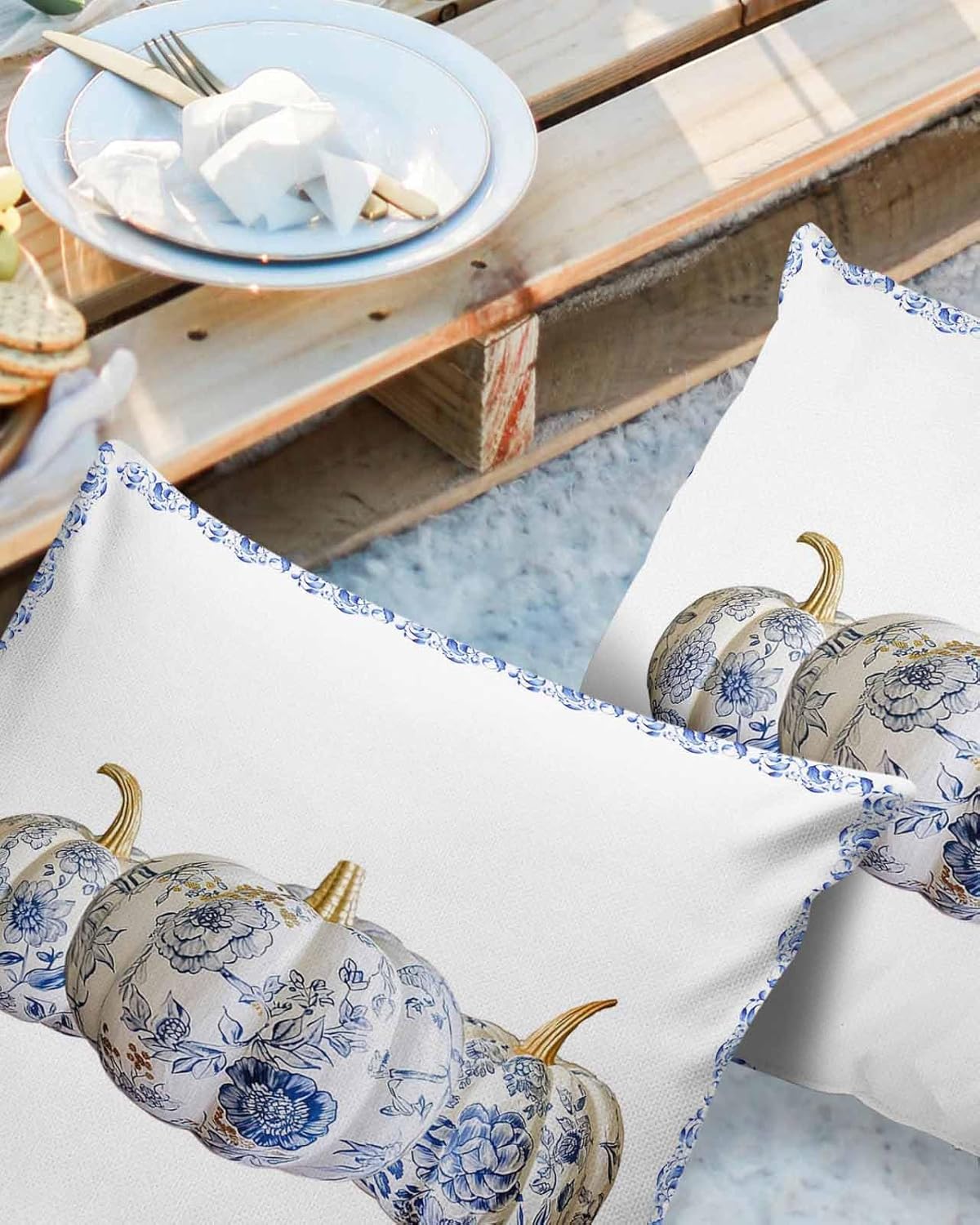 Chinoiserie – Juego de 2 fundas de almohada de porcelana impermeables para sofá, fundas de almohada decorativas de cosecha de otoño y verduras de 18