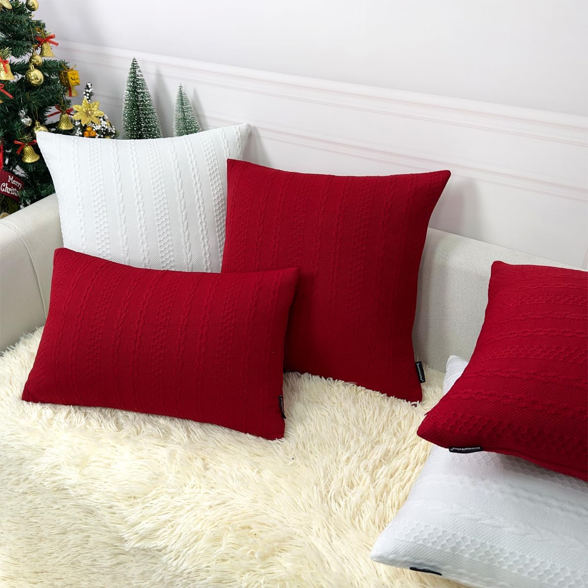 Booque Valley Fundas de almohada rojas navideñas, fundas de cojín decorativas, modernas, trenzadas, ultra suaves, elásticas, para sofá, dormitorio