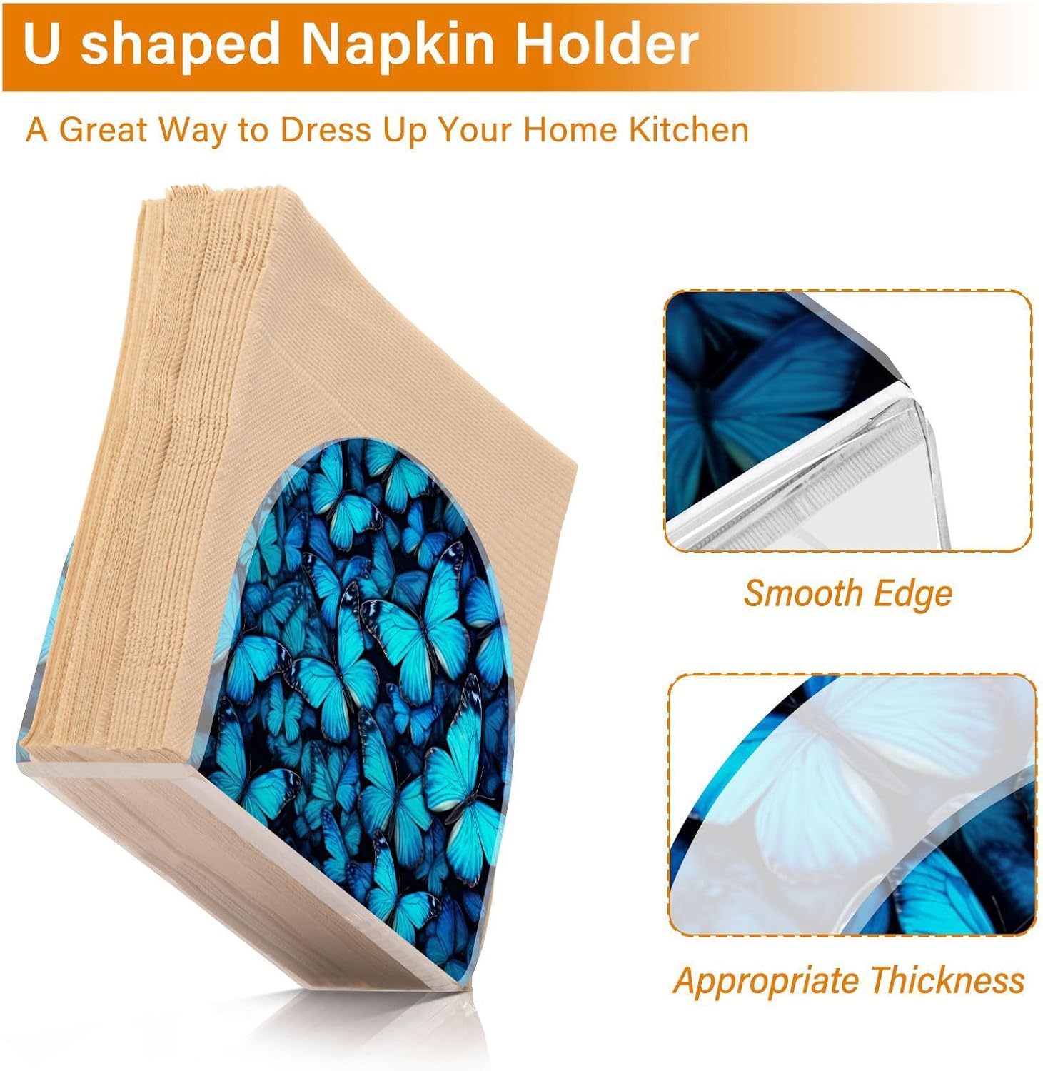 Napkin Holder Blue Butterflies Napkin Holders for Tables, Clear Acrylic Napkin Holders Cocktail Napkin Holder for Kitchen Restaurant Bar Home Decor