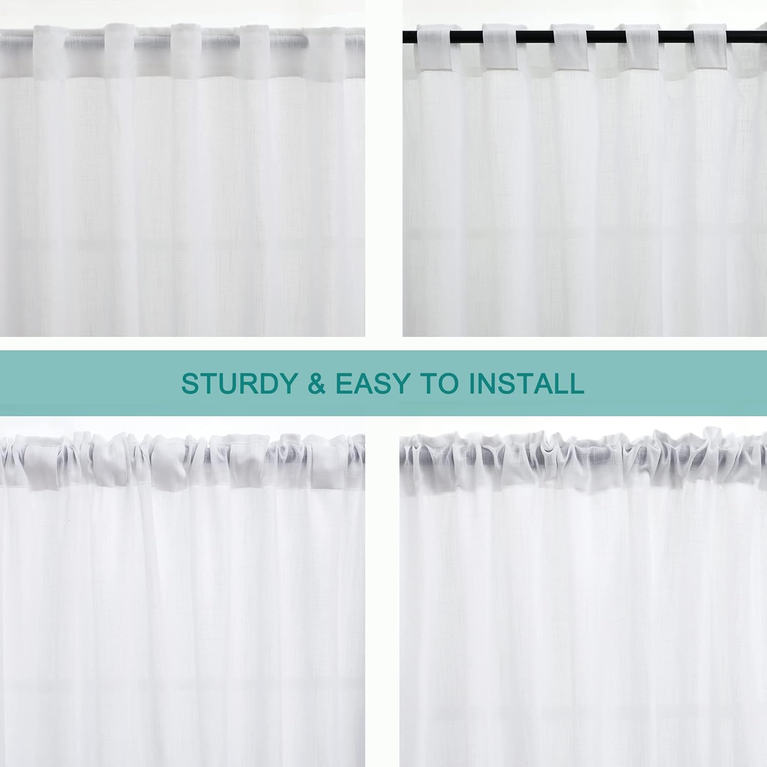 Hoydumuia Cortinas de lino blanco puro de 63 pulgadas de largo con pestaña trasera, bolsillo con lazo y textura de algodón, juego de 2 paneles de