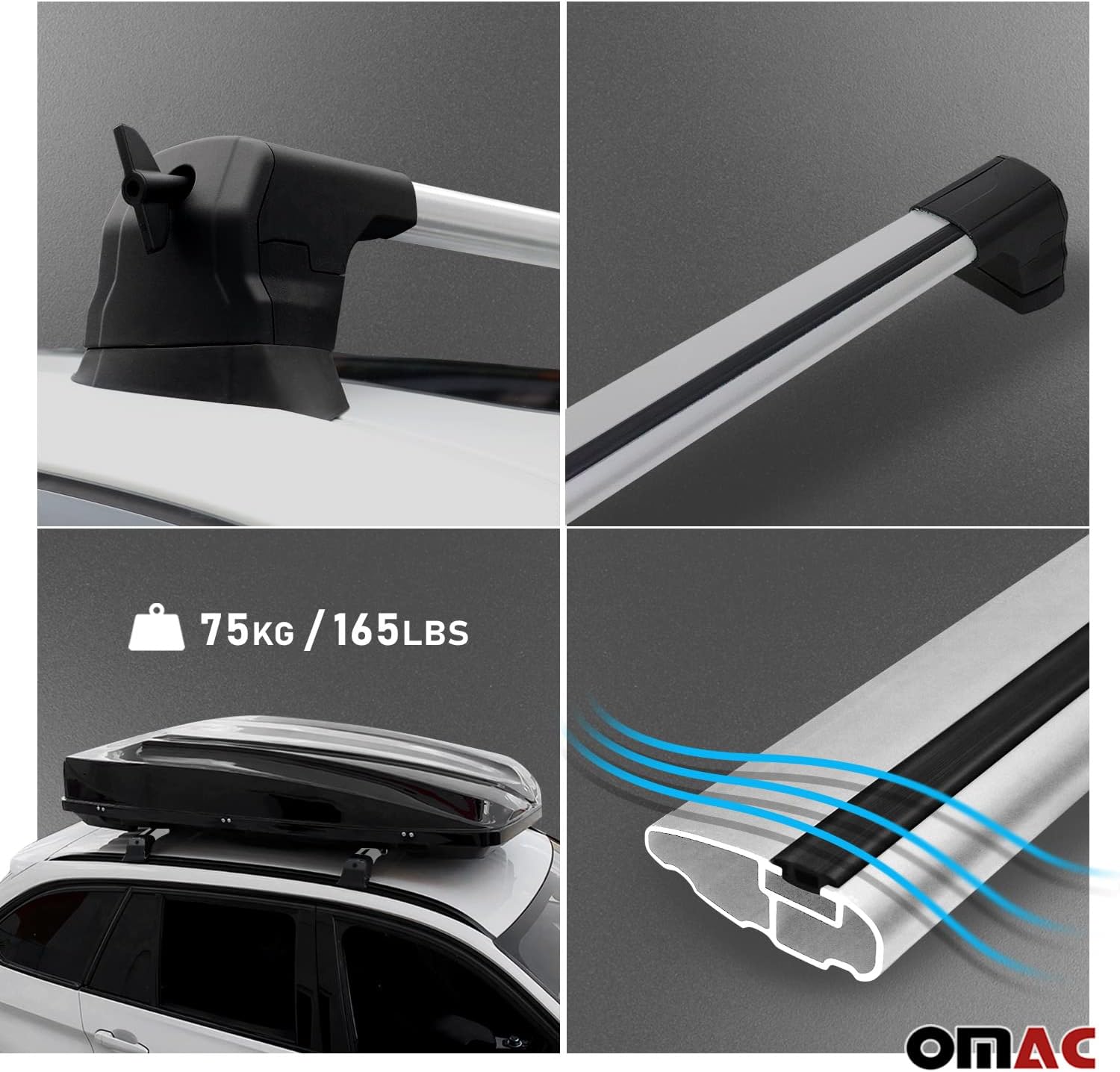 OMAC Juego de barras transversales para Mazda 2 Hatchback 2011 a 2015, portaequipajes, 165 libras, 2 piezas, color plateado