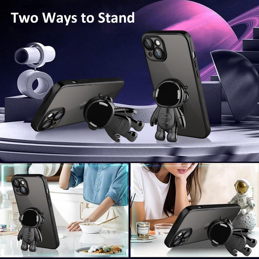 KANGHAR Funda transparente compatible con iPhone 15 con soporte oculto de astronauta chapado en 6D, protección de cámara completa, TPU suave, a