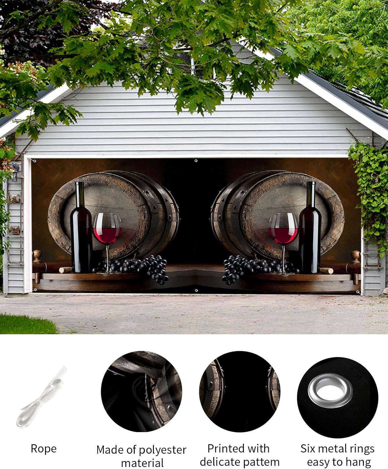 Red White Wine Glasses Garage Door Decorations, Wooden barrel Art Garage Door Banner Cover with Grommets, Garage Door Mural Backdrop Decoration for