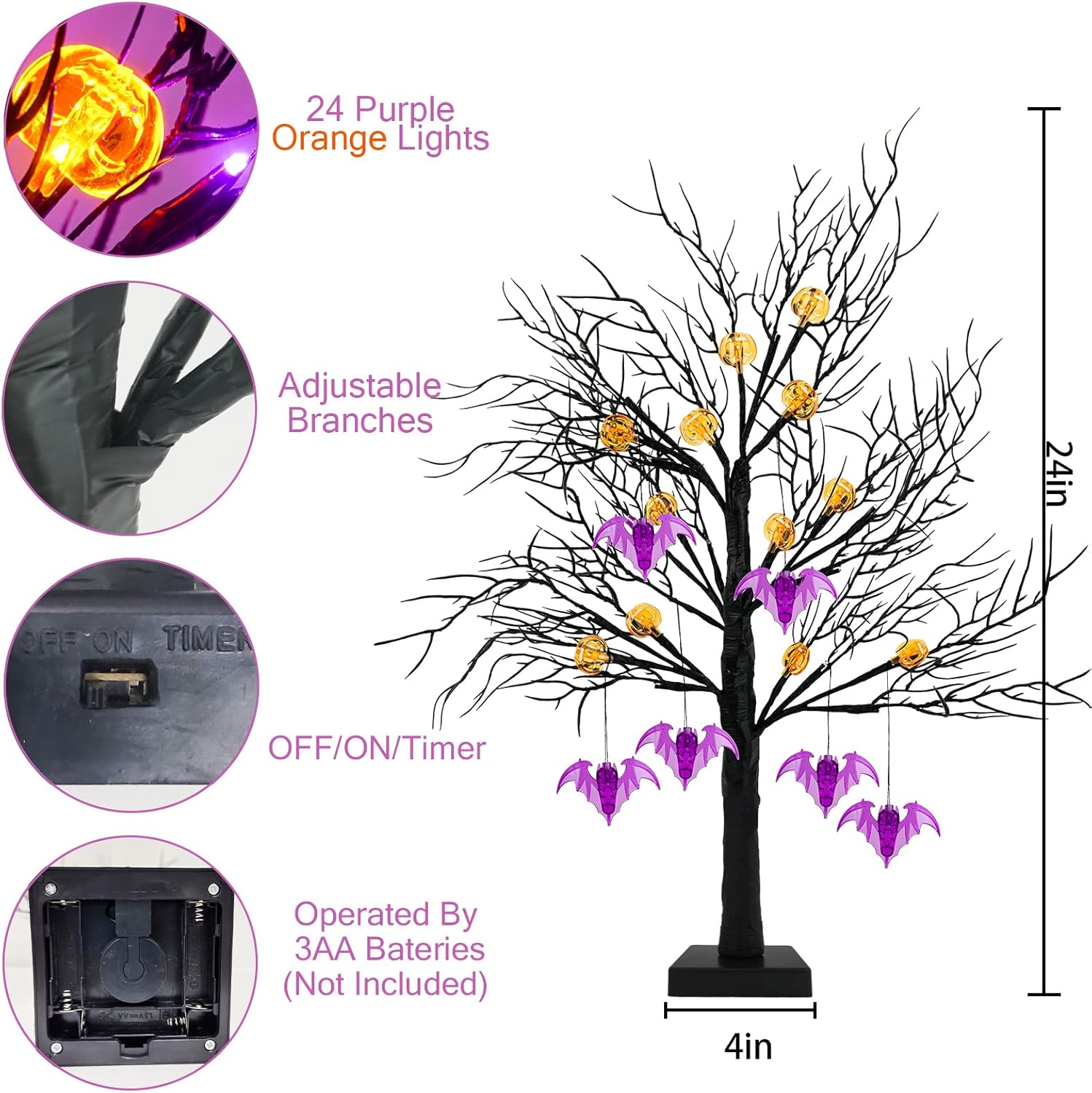 Paquete de 2 luces negras de árbol de Halloween de 24 pulgadas, 24 luces LED espeluznantes con luces de murciélago de calabaza naranja y morado,
