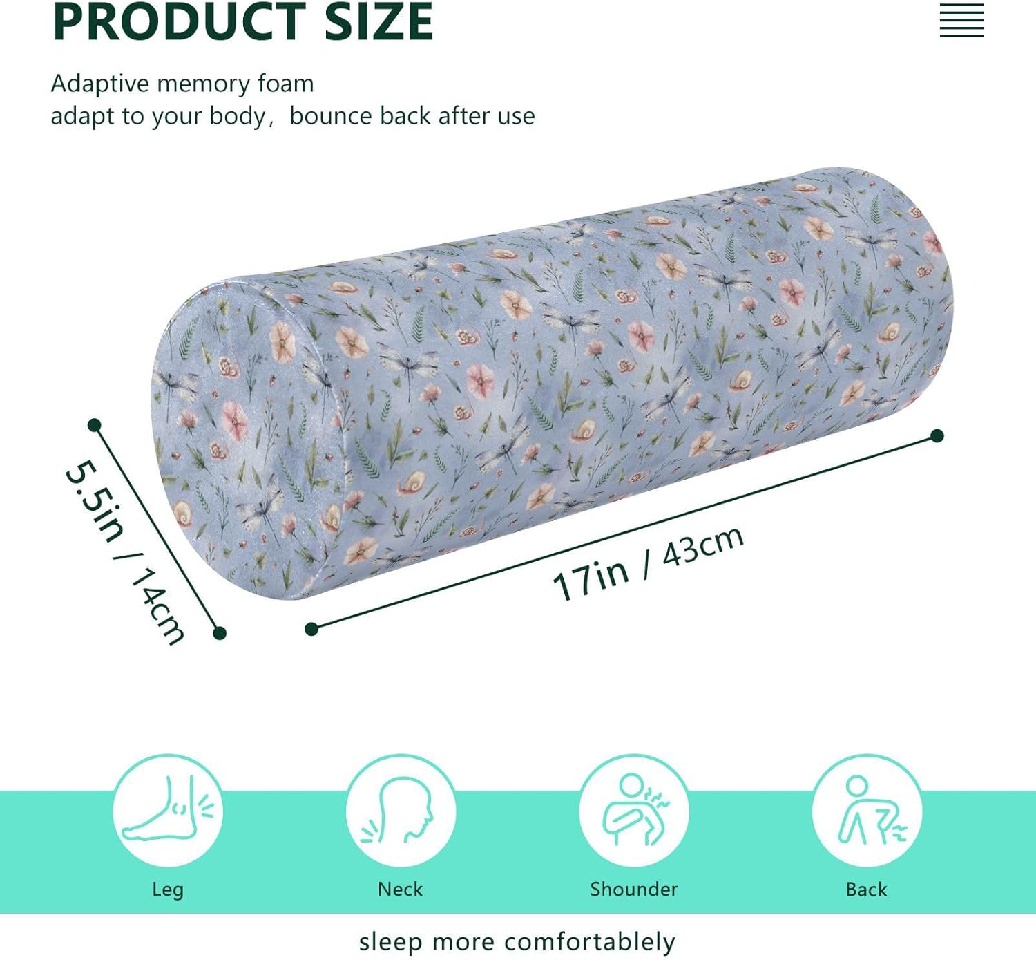 FRODOTGV Flowers Leaves Dragonflies Snails Bolster Pillow Spa Therapeutic Neck Roll Pillow Round Pillows for Sleeping Pillows Cylinder Bed Back