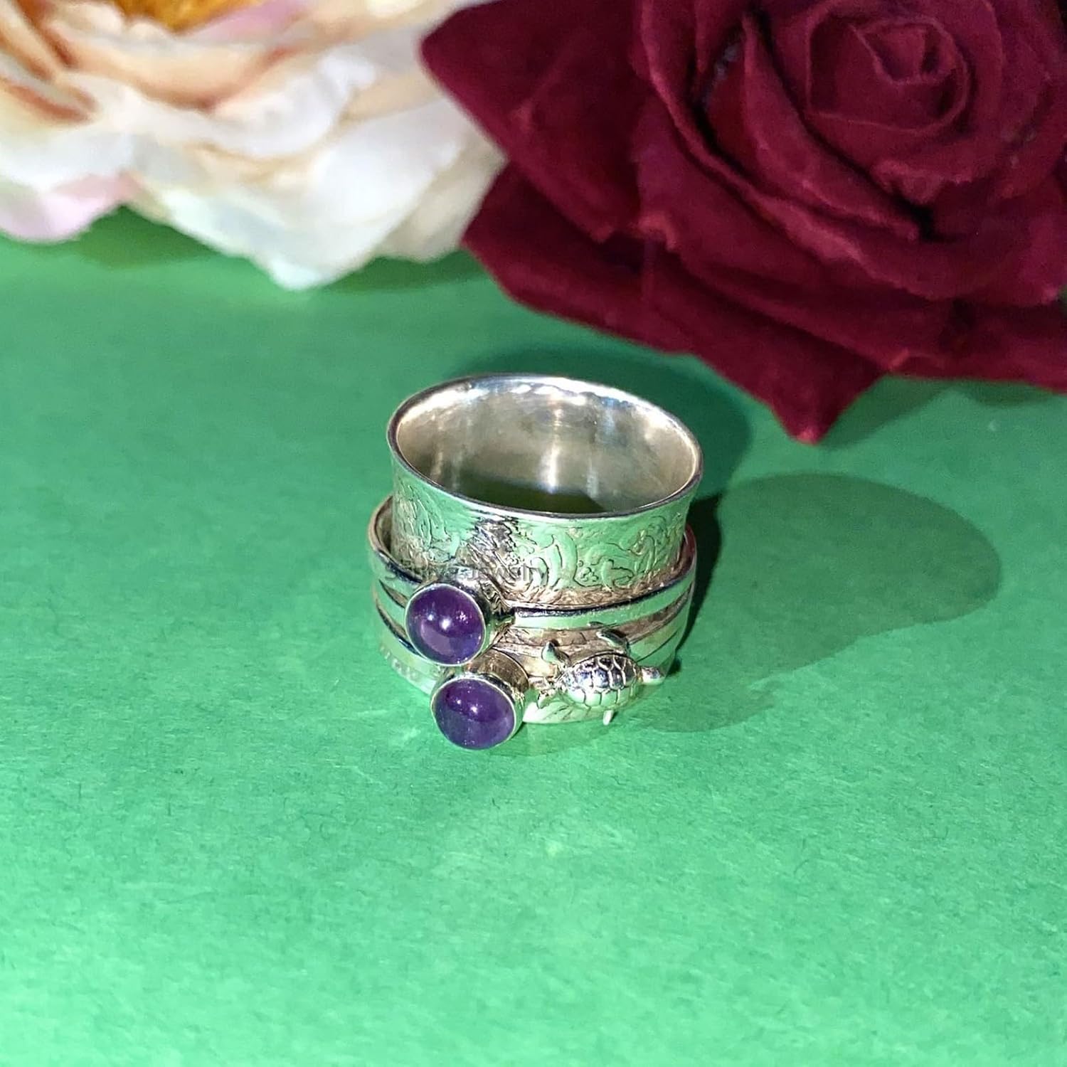 Purple Amethyst Double Round Gemstone Turtle Unique Design Spinner Ring, Solid 925 Sterling Silver Thumb Ring Wide Band Ring, Handmade Beautiful