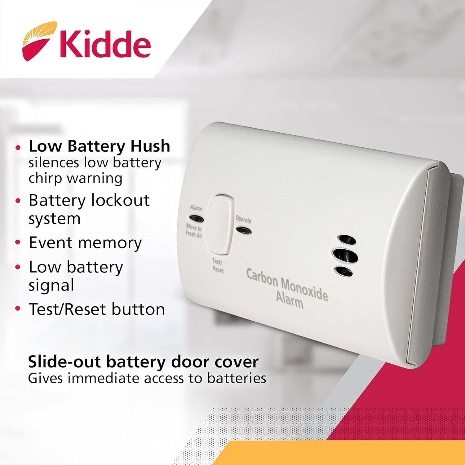 Kidde Detector de monóxido de carbono, alarma de CO alimentada por batería con LED, botón de reinicio de prueba y detector de humo premium, alarma