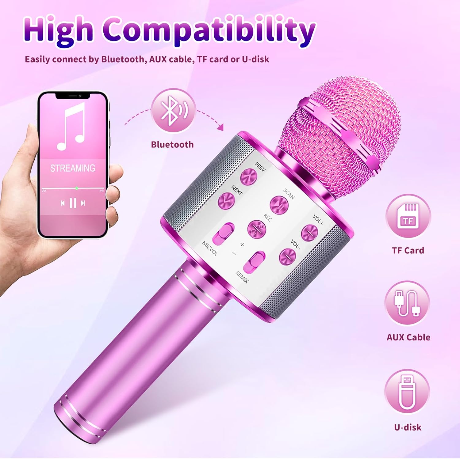 Micrófono de karaoke para niños, micrófono inalámbrico Bluetooth 5 en 1, micrófono de karaoke portátil de mano con altavoz, grabadora de juguetes
