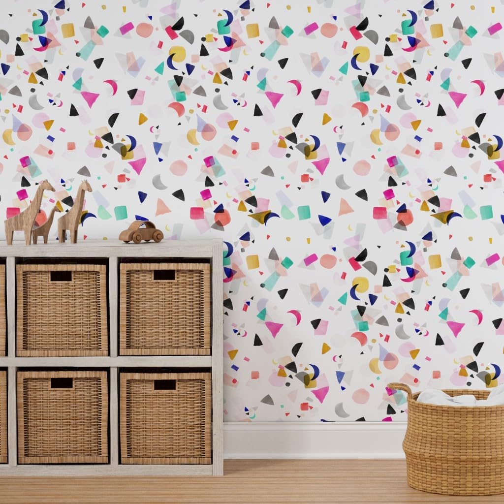Spoonflower Despegar y pegar papel tapiz Swatch – Confeti Fiesta Cumpleaños Formas Colorido Acuarela Abstracto Geométrico Lindo Mod Personalizado