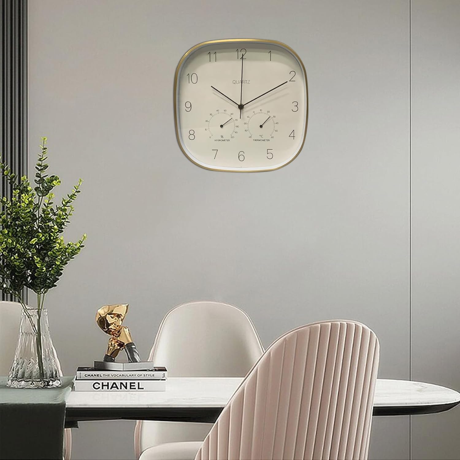 ANDSTAR Reloj de pared silencioso de 12 pulgadas con temperatura y humedad, funciona con pilas, relojes de pared decorativos para sala de estar,