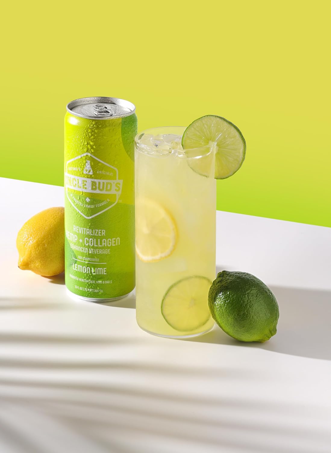 Uncle Bud’s Revitalizer cáñamo + colágeno no carbonatado, lima limón, paquete de 6
