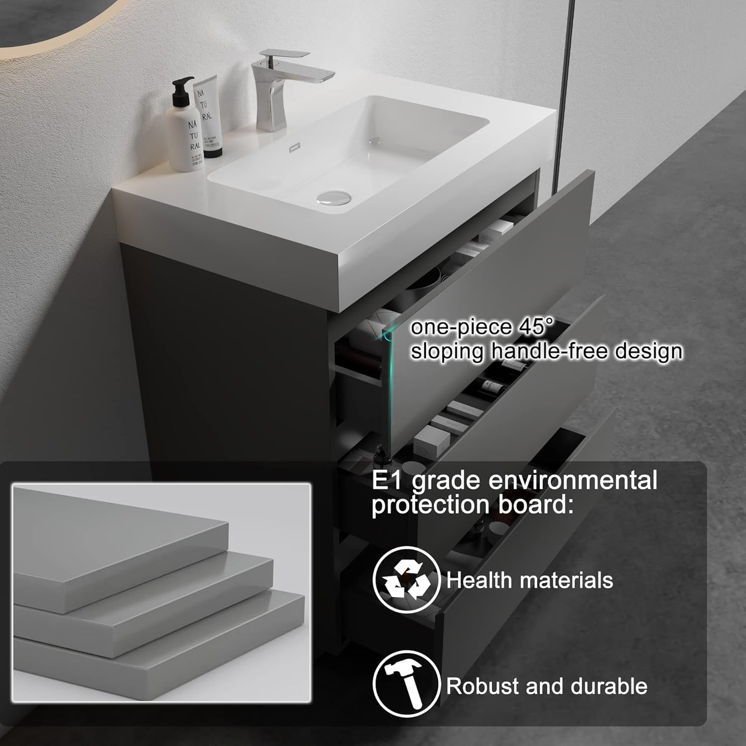 Alice – Tocador de baño de 30 pulgadas con fregadero con desbordamiento, gran almacenamiento pequeño para baño moderno, lavabo de una sola pieza,