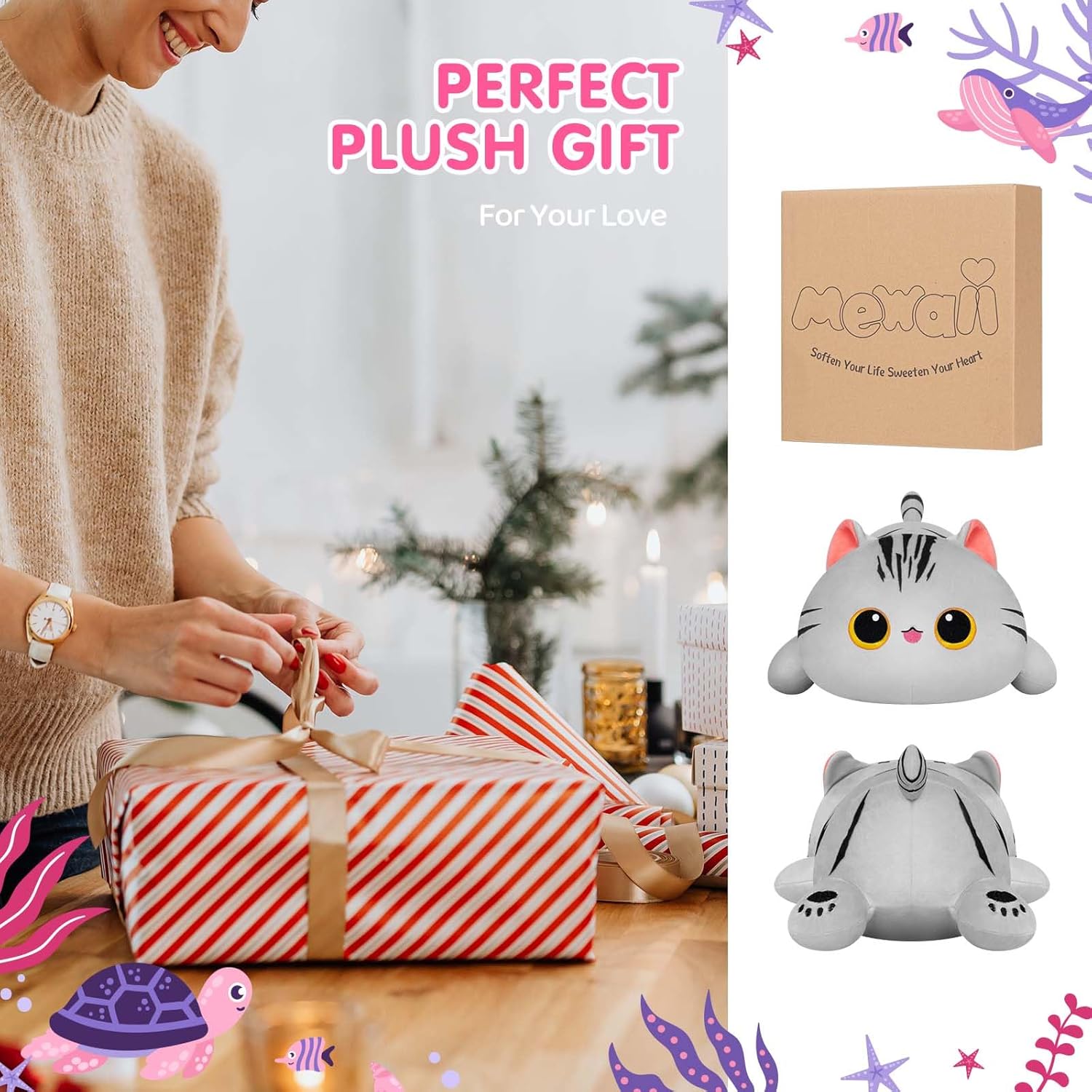 Linda almohada de felpa con diseño de gato, juguetes de peluche Kawaii a rayas grises de gato, peluches esponjosos, almohada corporal para niños y