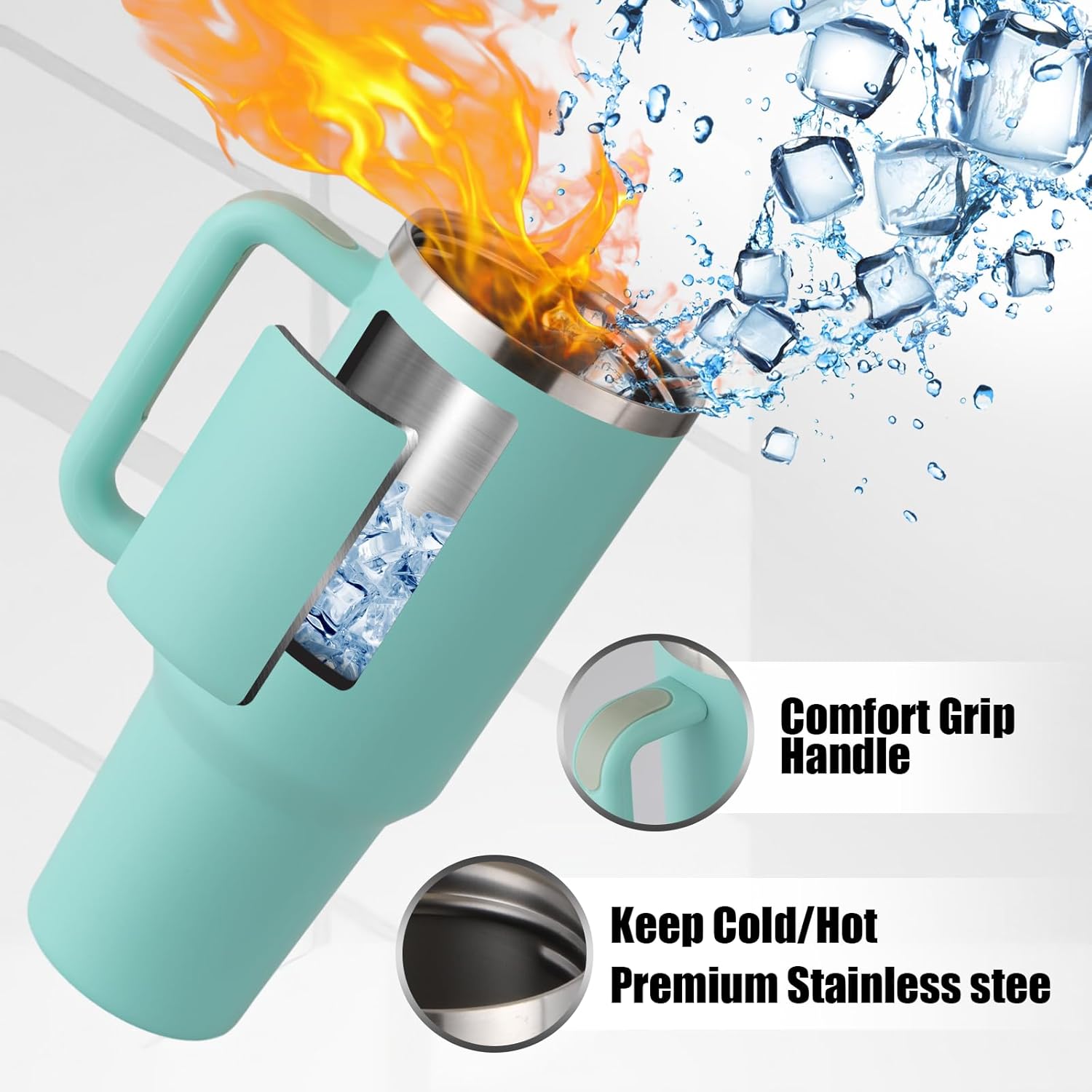 Vaso, vaso de 40 onzas con asa y pajita, vaso de acero inoxidable con tapa y tapa para pajilla, taza de viaje aislada al vacío de doble pared, vaso