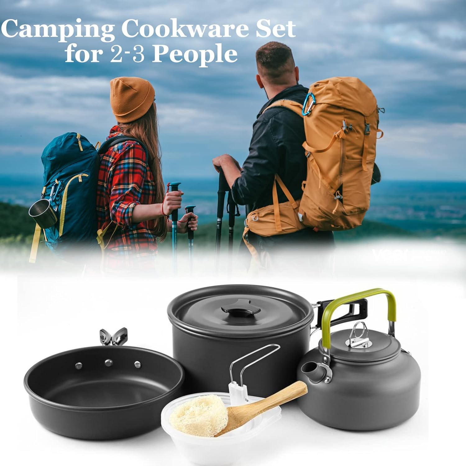 Adviarsim Kit de utensilios de cocina de aluminio para acampar al aire libre, juego de cocina plegable, tetera y sartén, ollas ligeras